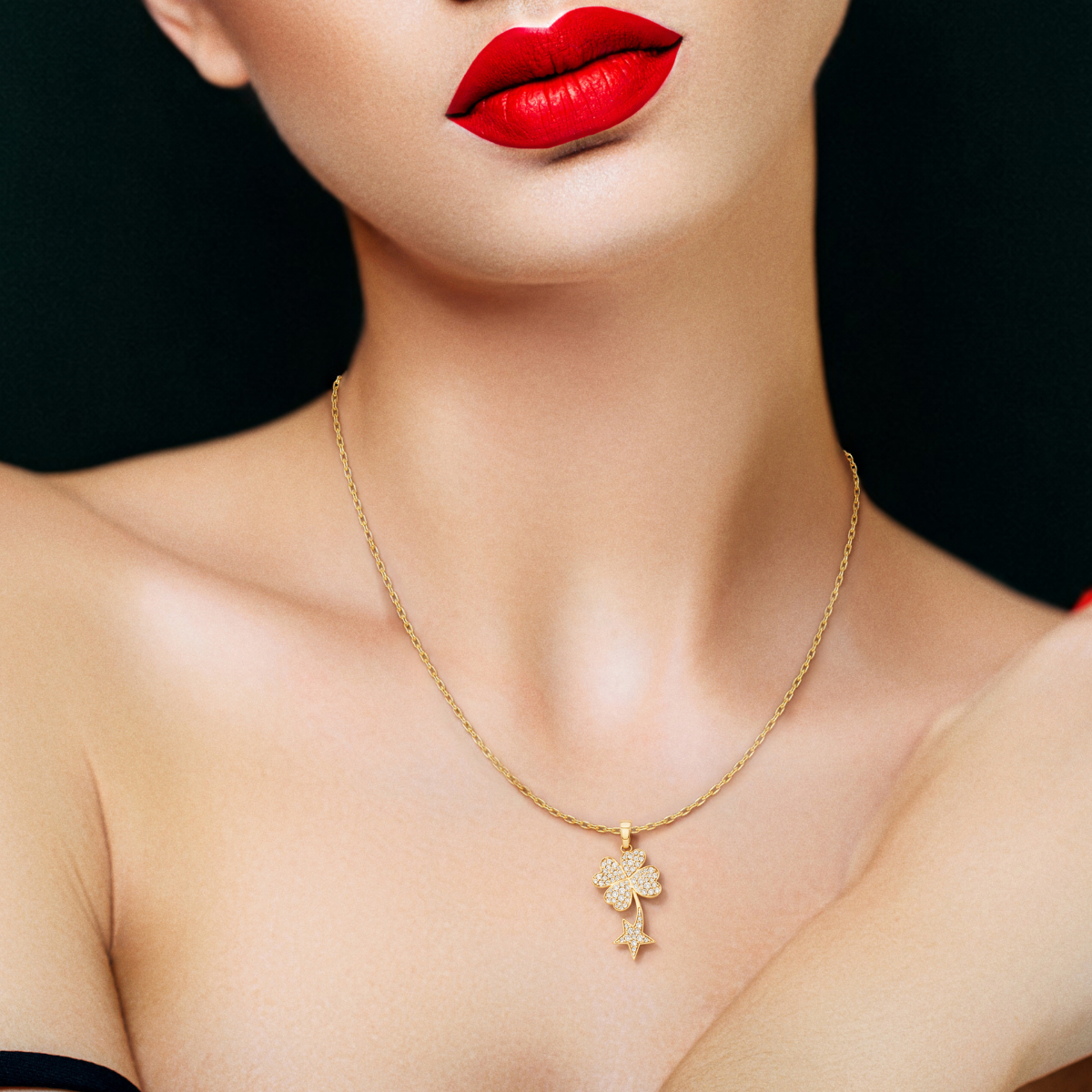 Starry Nite, Clover Leaf Pendant in 14K Yellow Gold