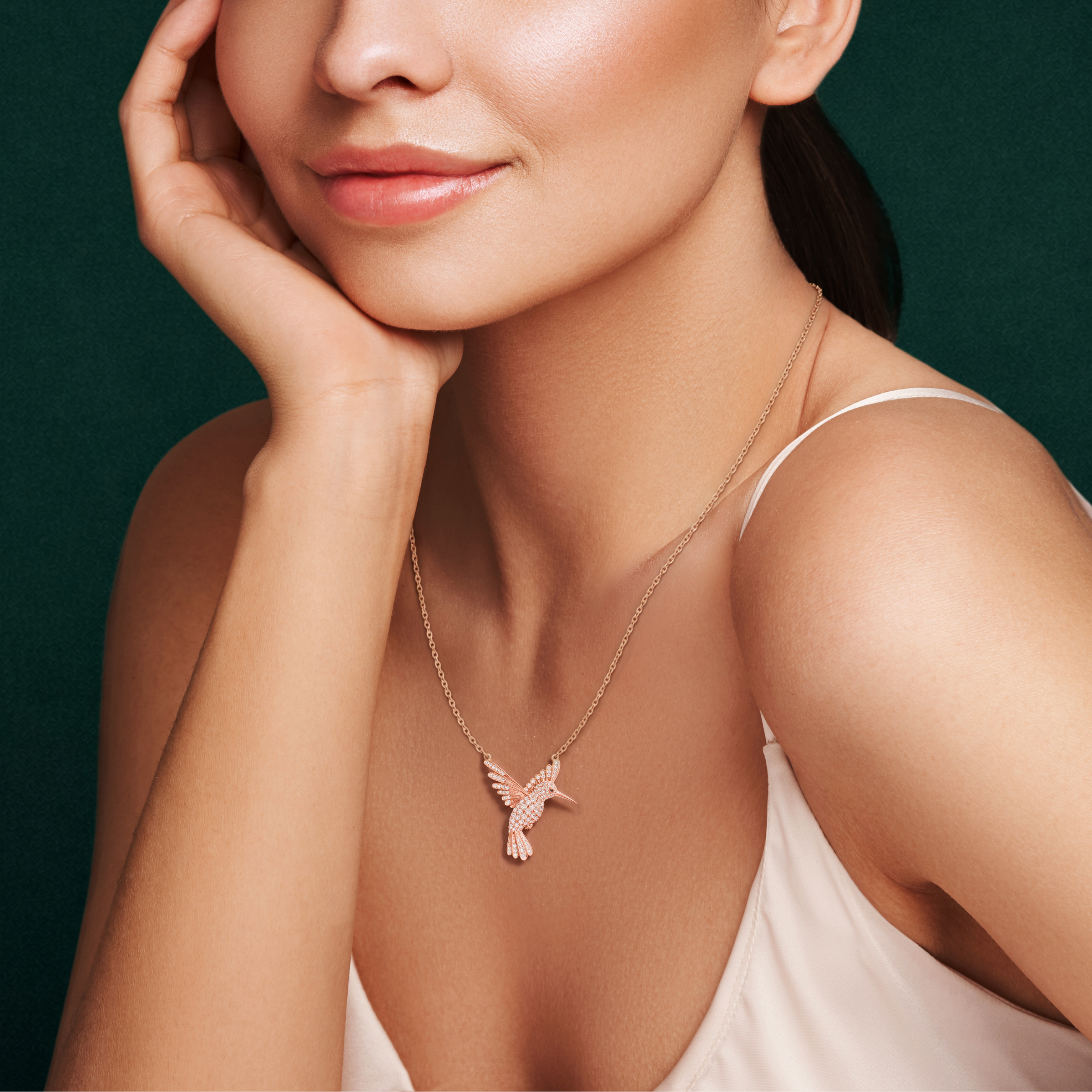 Winged Luck, Hummingbird Pendant in 14K Rose Gold