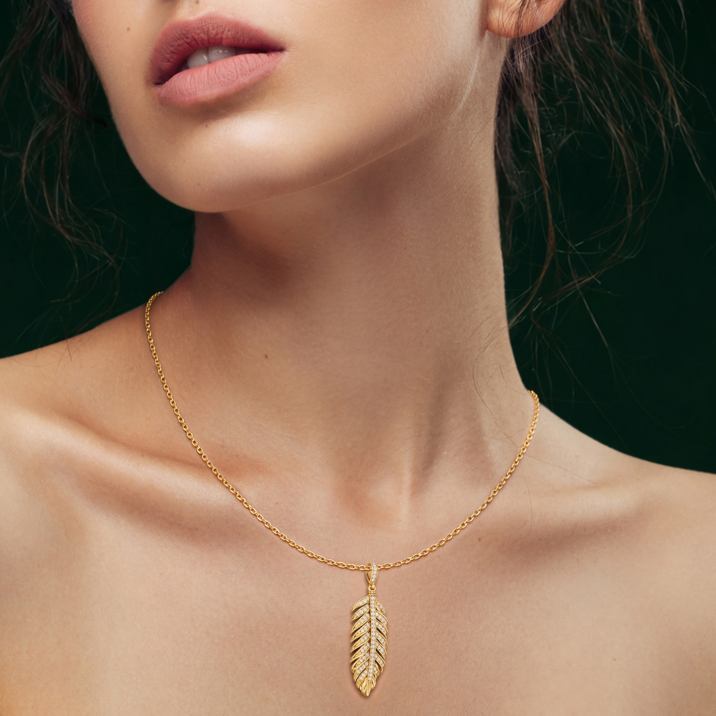 Plume, Feather Pendant in 14K Yellow Gold